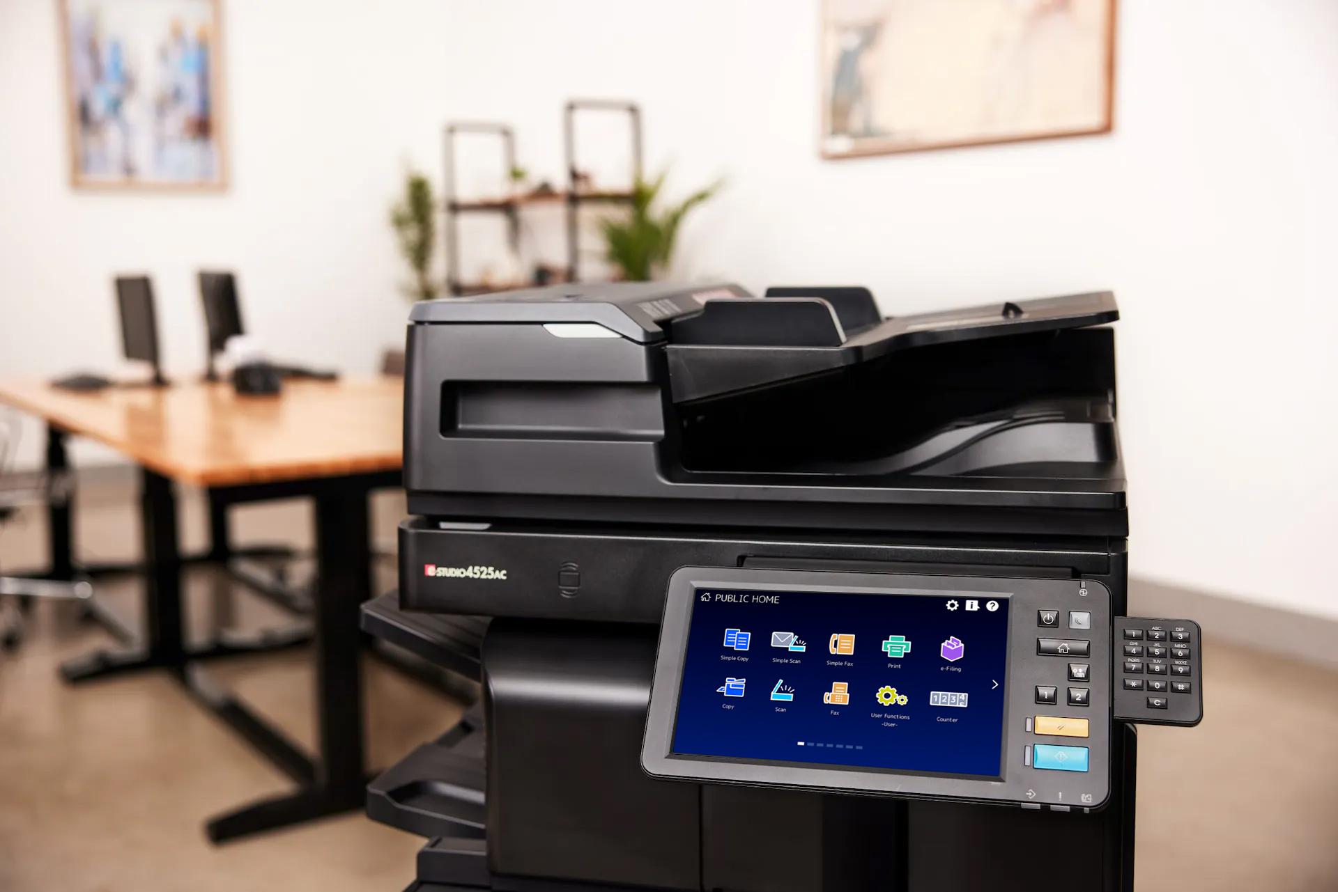 Compact Toshiba e-STUDIO4525AC color office multifunction printer with secure cloud capabilities for printing, copying, scanning, and faxing. Ideal for fast, wireless printing with Toshiba supplies and parts available.